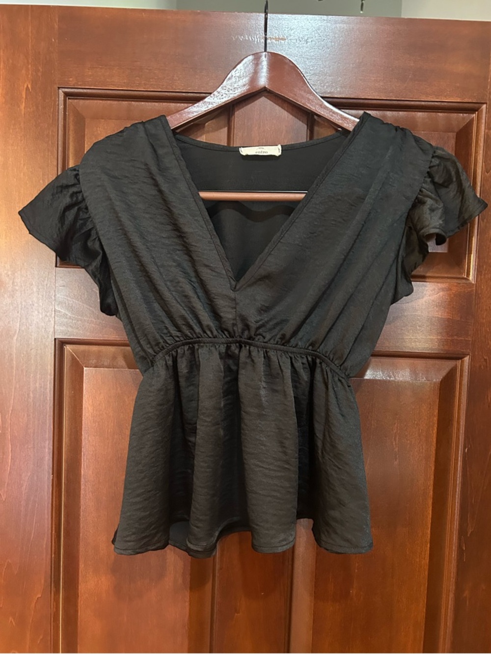 Entro Black Babydoll Peplum Top Small Flutter Sleeve V Neck Blouse